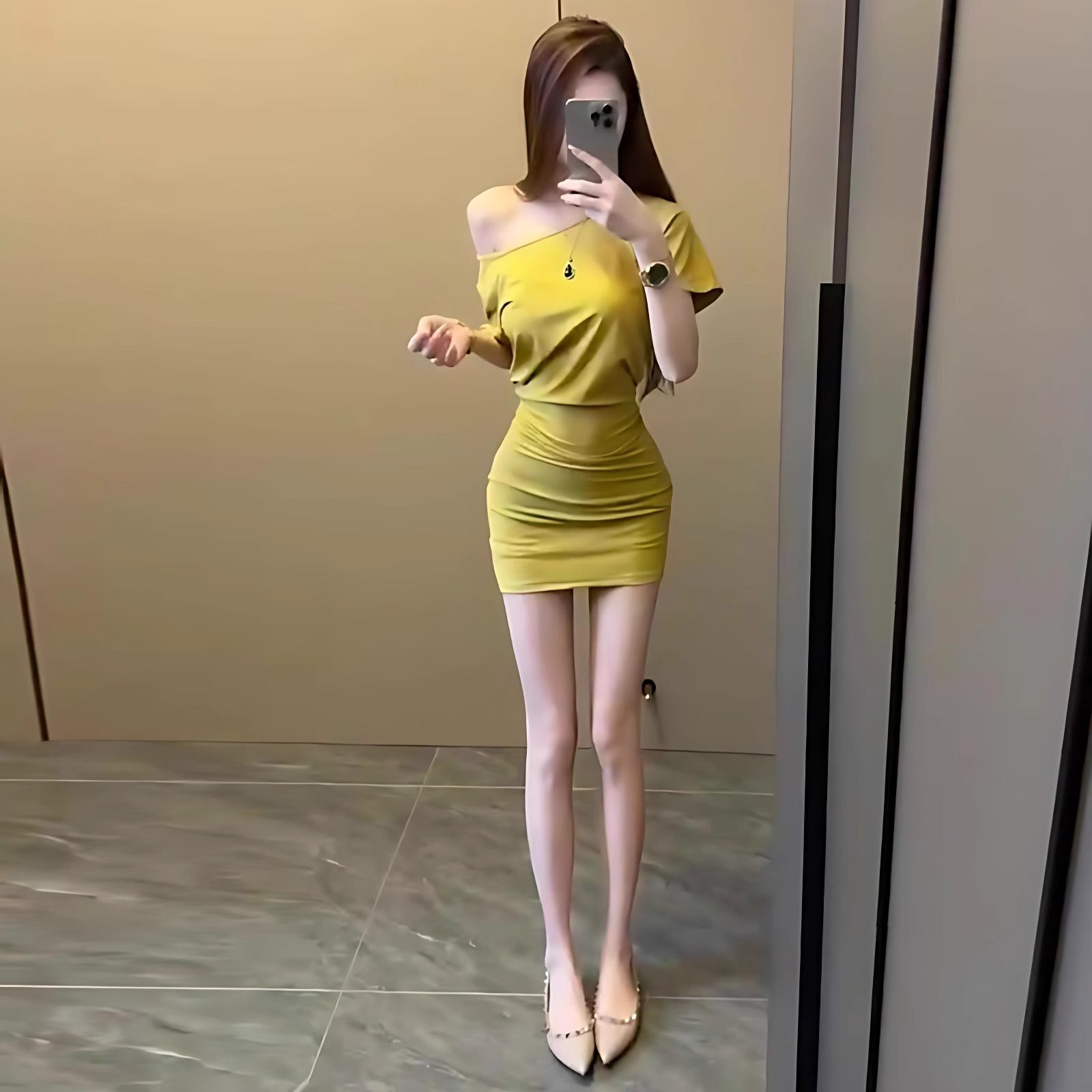 High quality! Yellow off shoulder short sleeved T-shirt dress, women's summer waist cinching dress, spicy girl style hip hugging short skirt yellow S