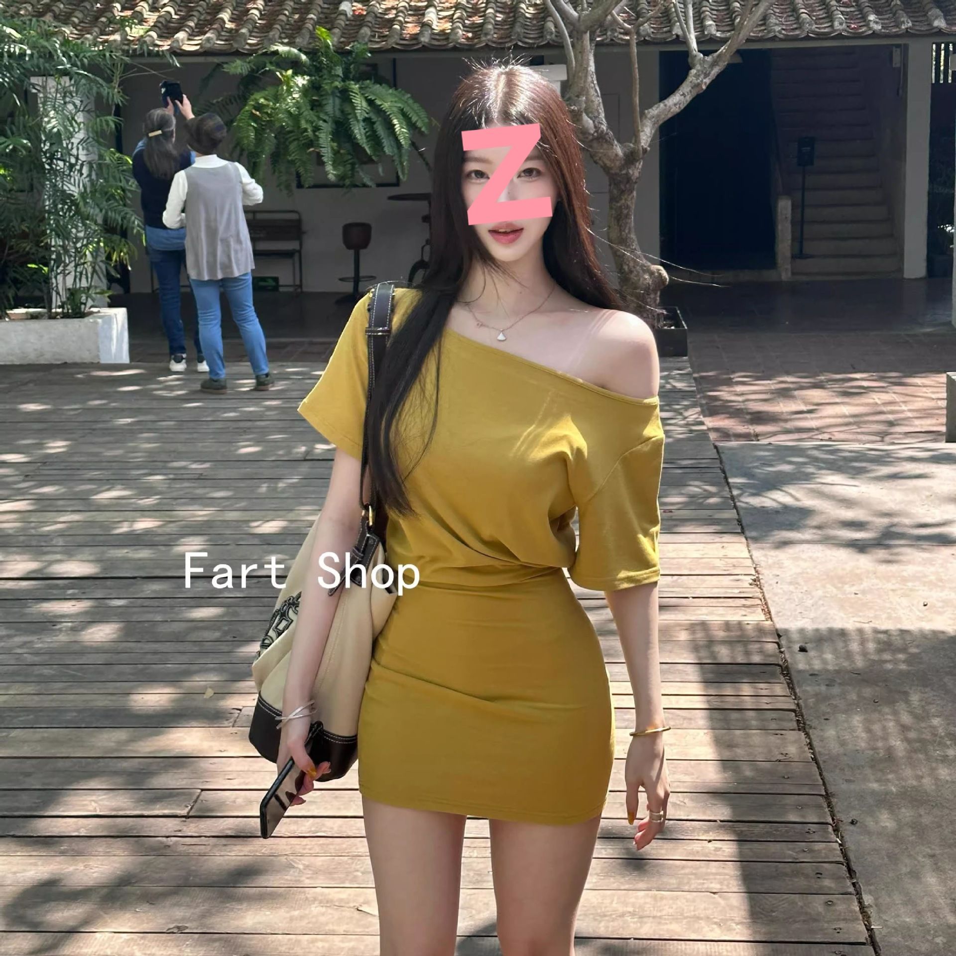 High quality! Yellow off shoulder short sleeved T-shirt dress, women's summer waist cinching dress, spicy girl style hip hugging short skirt yellow S