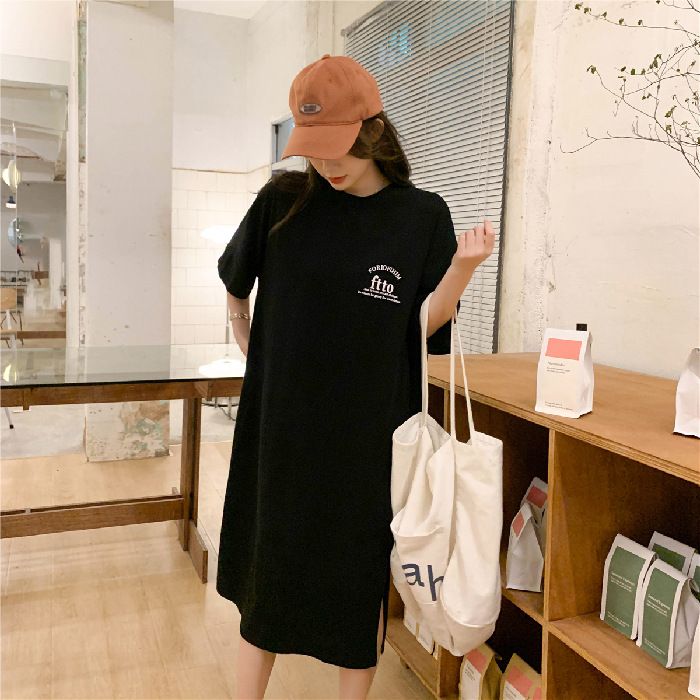2022 New Korean Ins Short sleeved T-shirt Skirt Loose Large Knee length Long Dress Fashion Dress Women's Medium to Long Summer black M