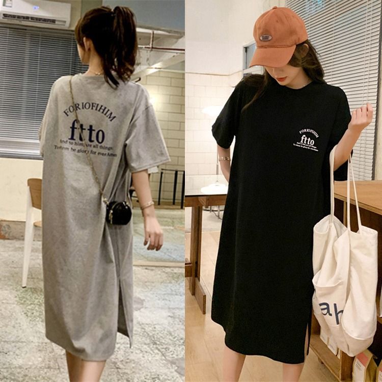 2022 New Korean Ins Short sleeved T-shirt Skirt Loose Large Knee length Long Dress Fashion Dress Women's Medium to Long Summer black M