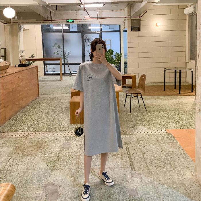 2022 New Korean Ins Short sleeved T-shirt Skirt Loose Large Knee length Long Dress Fashion Dress Women's Medium to Long Summer black M