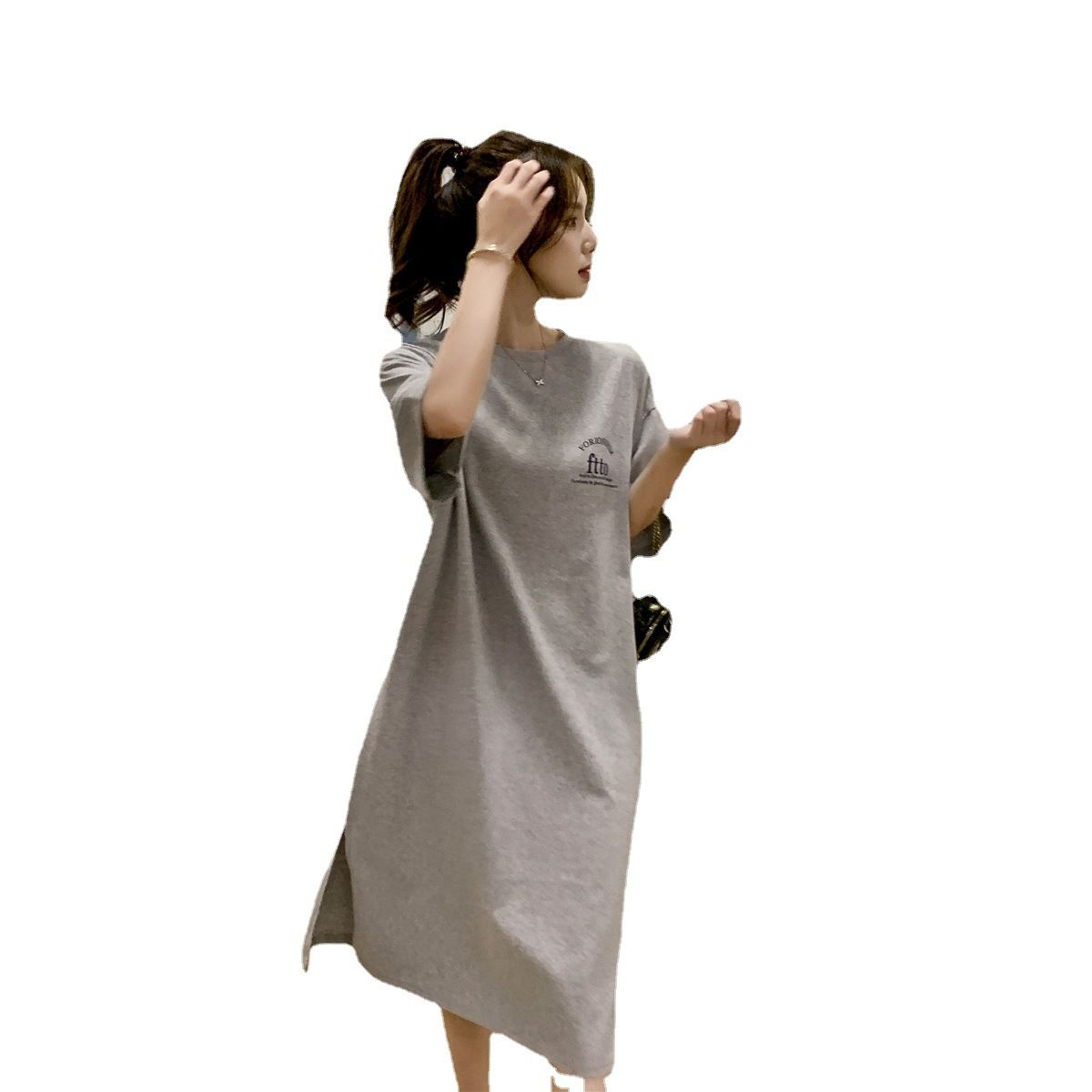 2022 New Korean Ins Short sleeved T-shirt Skirt Loose Large Knee length Long Dress Fashion Dress Women's Medium to Long Summer black M