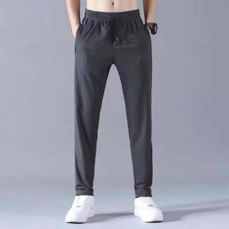 Summer thin oversized air-conditioned men's pants, thin ice silk pants, men's casual pants, breathable straight tube mesh sports pants, trendy K07 Black L is suitable for 90-115 pounds