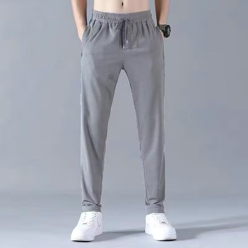 Summer thin oversized air-conditioned men's pants, thin ice silk pants, men's casual pants, breathable straight tube mesh sports pants, trendy K07 Black L is suitable for 90-115 pounds