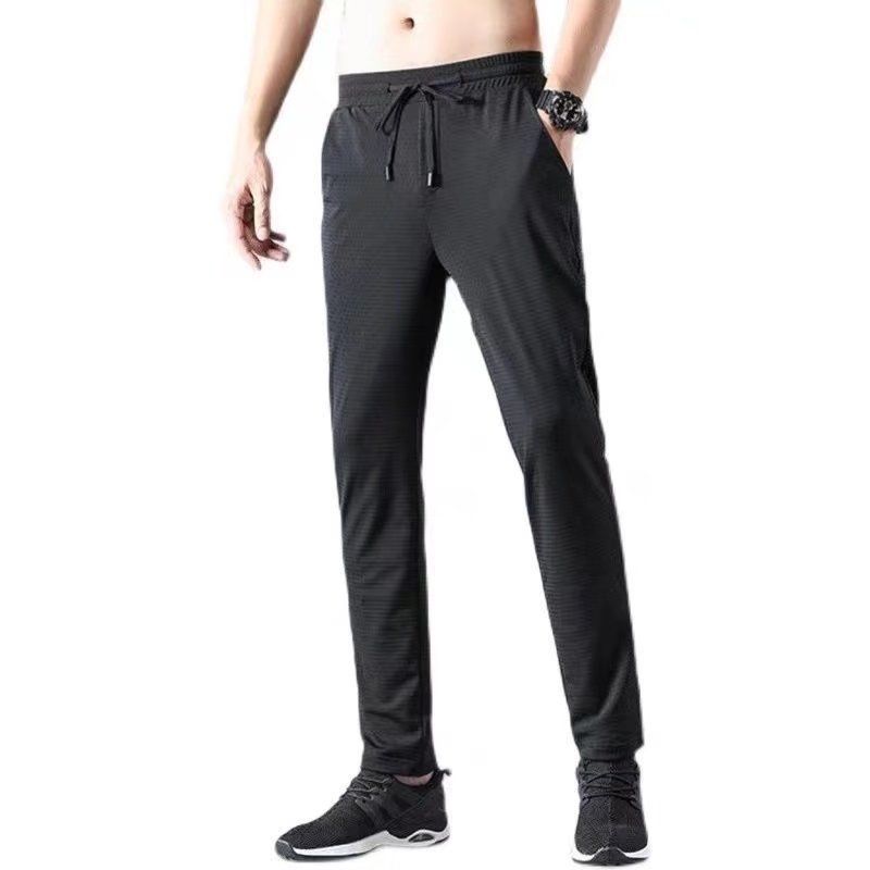 Summer thin oversized air-conditioned men's pants, thin ice silk pants, men's casual pants, breathable straight tube mesh sports pants, trendy K07 Black L is suitable for 90-115 pounds