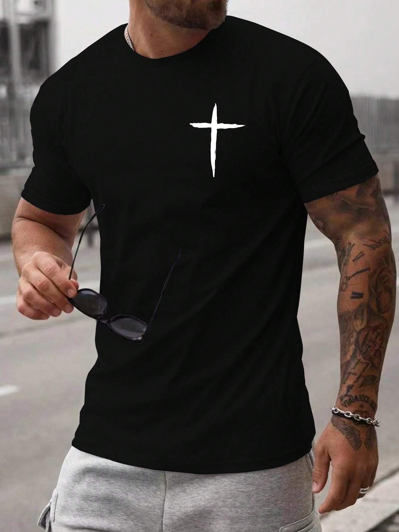 Men's casual short sleeved T-shirt loose round neck 3D digital printed rose minimalist pullover top cross-border summer Style_1 S