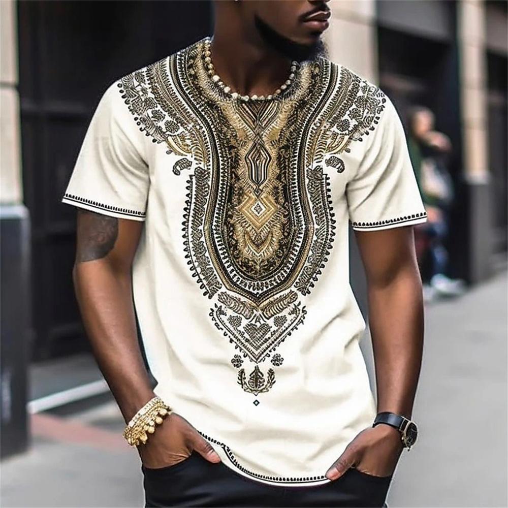African men's clothing, big stone T-shirt, traditional clothing, short sleeved casual retro street wear, retro ethnic style 20240218-44 S