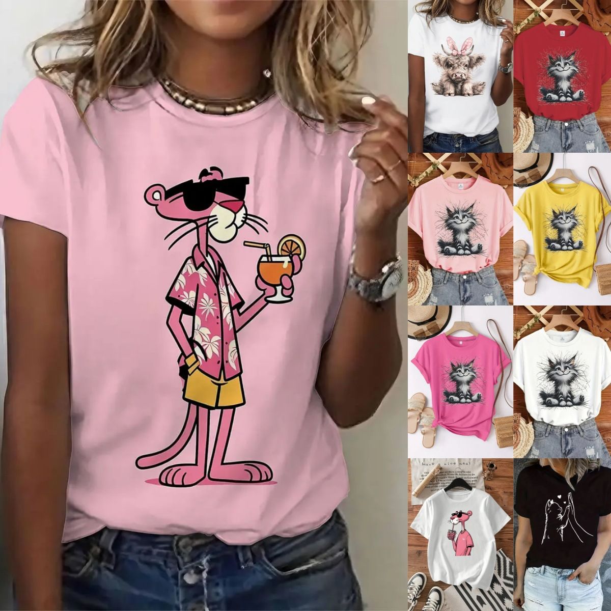 Cross border TEMU women's short sleeved Amazon AliExpress shrimp skin European and American animal print round neck T-shirt women's top B1 S