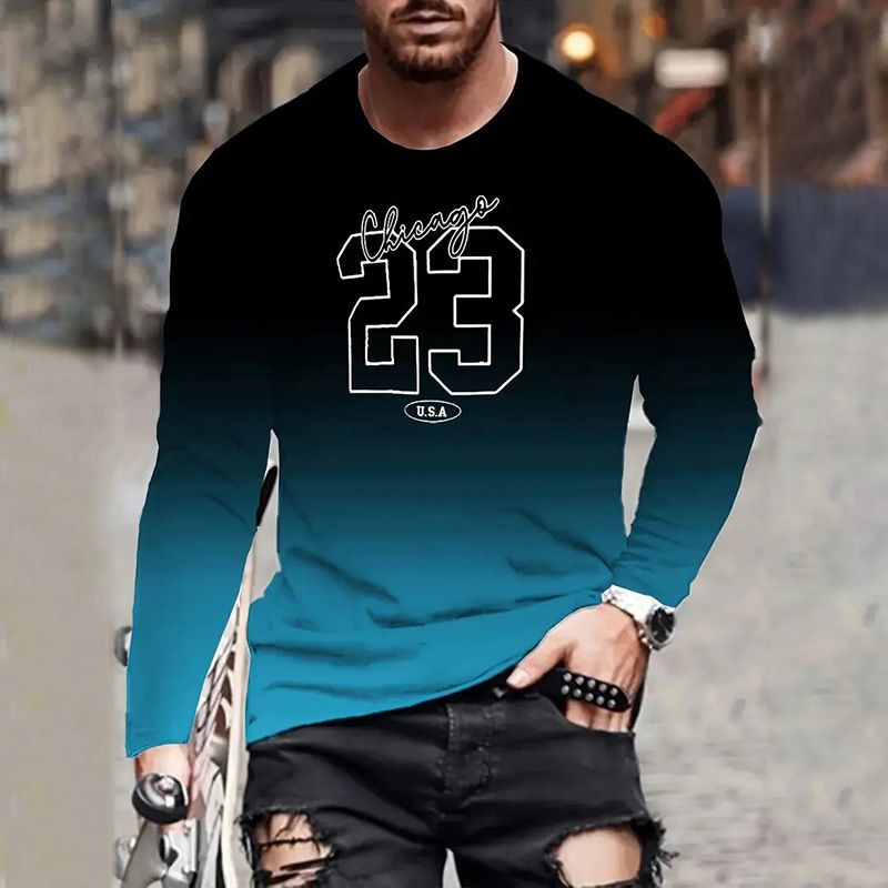 2025 Cross border Leisure Gradient Color Printed Men's Fashion Versatile Leisure Long Sleeve T-shirt Source Factory CX-LWA19381 S