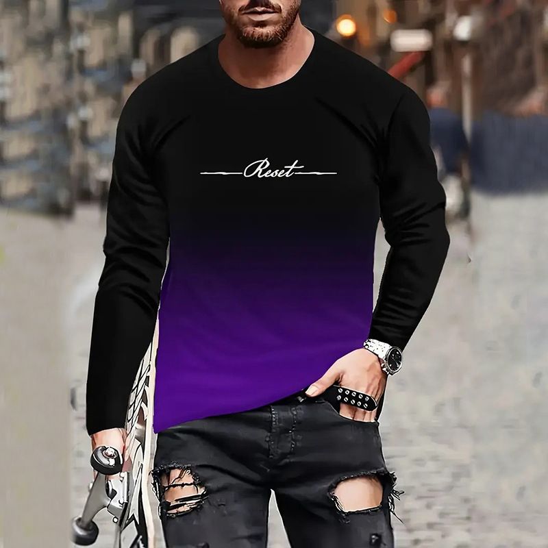 2025 Cross border Leisure Gradient Color Printed Men's Fashion Versatile Leisure Long Sleeve T-shirt Source Factory CX-LWA19381 S