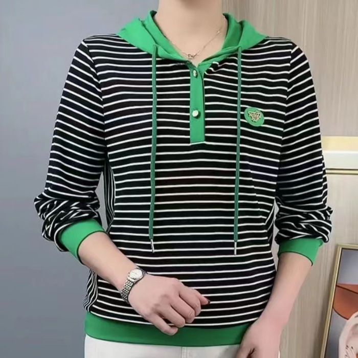 As the saying goes, women's new fashion, casual, versatile, slimming striped hooded long sleeved top, spring and autumn thin hoodie, women's autumn outfit 2365 Black M