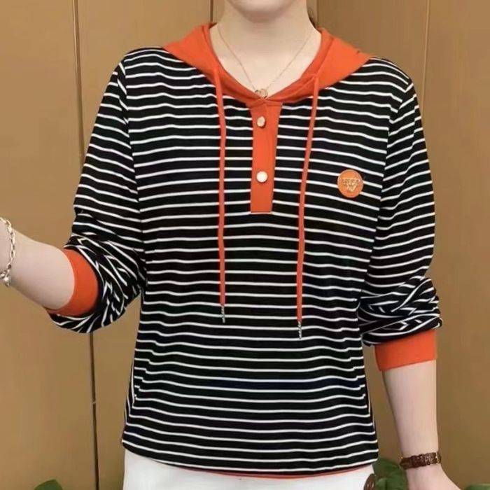As the saying goes, women's new fashion, casual, versatile, slimming striped hooded long sleeved top, spring and autumn thin hoodie, women's autumn outfit 2365 Black M