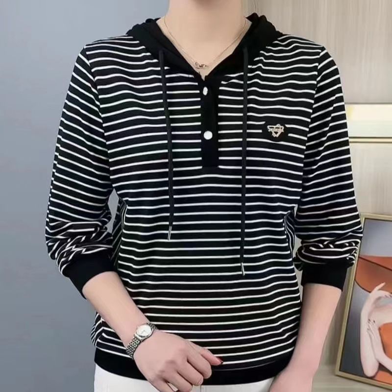As the saying goes, women's new fashion, casual, versatile, slimming striped hooded long sleeved top, spring and autumn thin hoodie, women's autumn outfit 2365 Black M