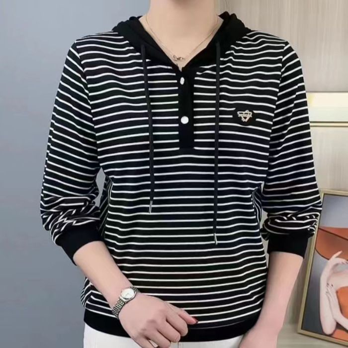 As the saying goes, women's new fashion, casual, versatile, slimming striped hooded long sleeved top, spring and autumn thin hoodie, women's autumn outfit 2365 Black M