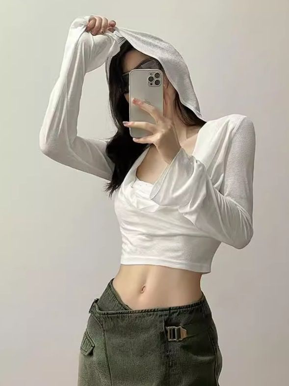 Ins sexy hot thin long sleeved hooded T-shirt with female design sense, short breathable sunscreen T-shirt top wholesale white M