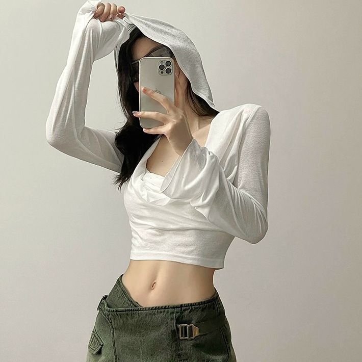 Ins sexy hot thin long sleeved hooded T-shirt with female design sense, short breathable sunscreen T-shirt top wholesale white M