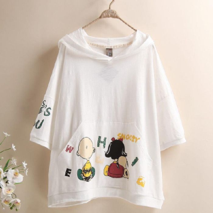 2023 New Summer Women's Hong Kong style Hoodie with Pocket Cartoon Printed Loose T-shirt and Large Loose Hoodie black M