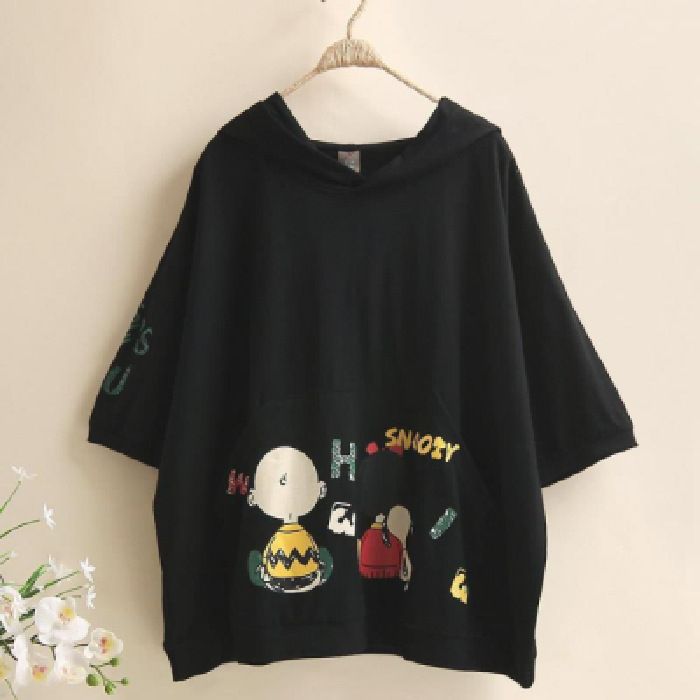 2023 New Summer Women's Hong Kong style Hoodie with Pocket Cartoon Printed Loose T-shirt and Large Loose Hoodie black M