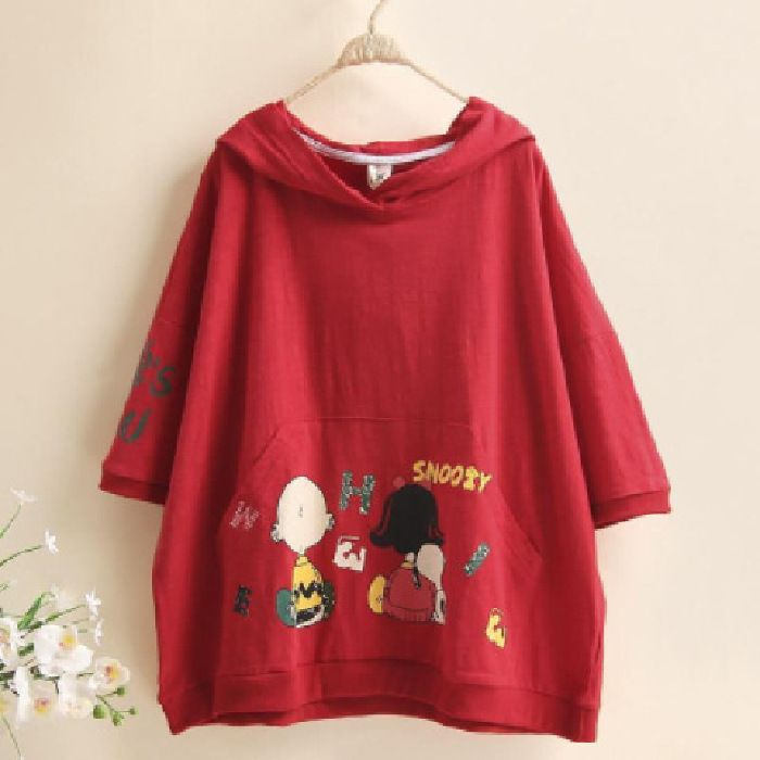 2023 New Summer Women's Hong Kong style Hoodie with Pocket Cartoon Printed Loose T-shirt and Large Loose Hoodie black M