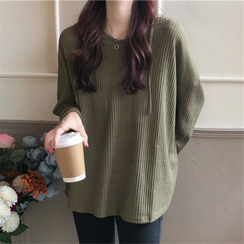 Waffle long sleeved T-shirt for women, loose and slimming casual hooded sweatshirt, spring and autumn thin style, lazy style, long sleeved top, trendy black M