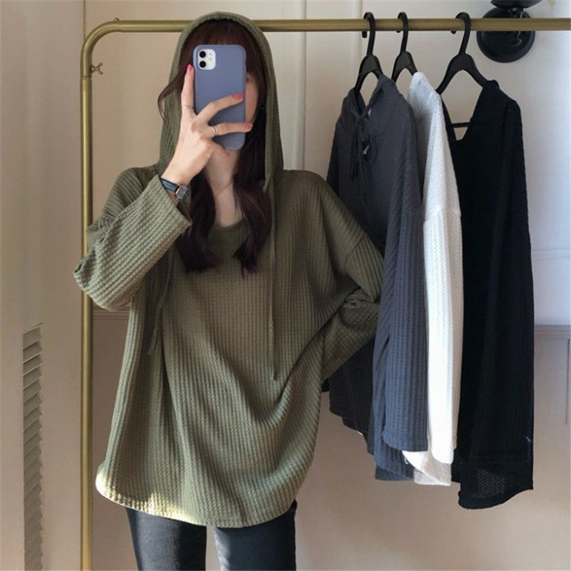 Waffle long sleeved T-shirt for women, loose and slimming casual hooded sweatshirt, spring and autumn thin style, lazy style, long sleeved top, trendy black M
