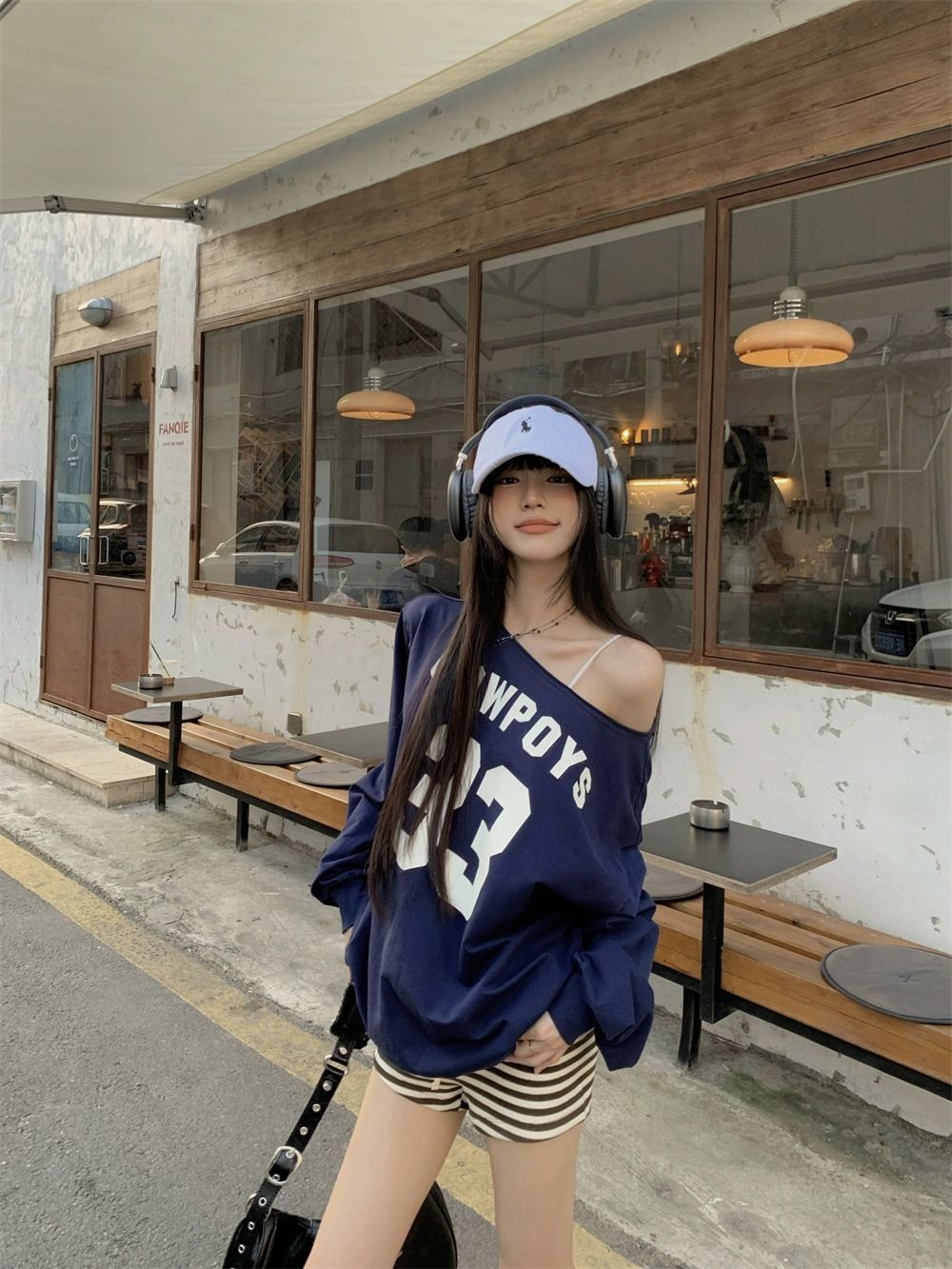 American retro letter printed sloping shoulder hoodie for women with autumn design sense, spicy girl casual loose long sleeved off shoulder top grey M
