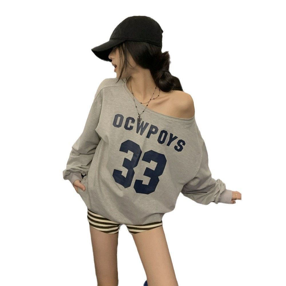 American retro letter printed sloping shoulder hoodie for women with autumn design sense, spicy girl casual loose long sleeved off shoulder top grey M