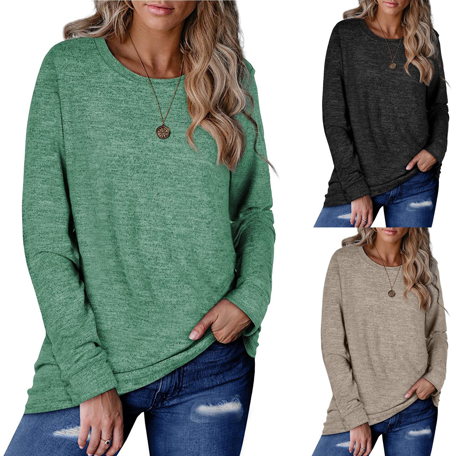 Autumn and winter new Amazon women's round neck pullover solid color cotton hoodie loose casual top T-shirt dark gray S