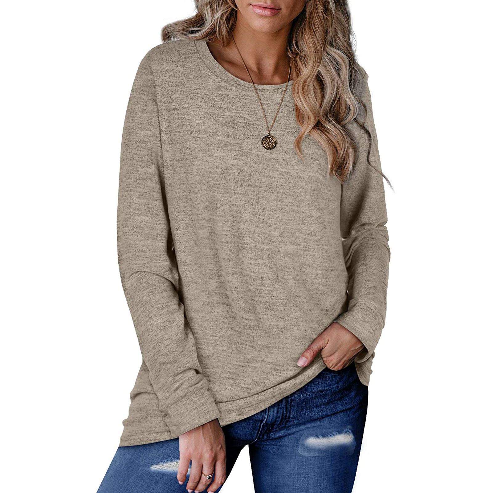 Autumn and winter new Amazon women's round neck pullover solid color cotton hoodie loose casual top T-shirt dark gray S