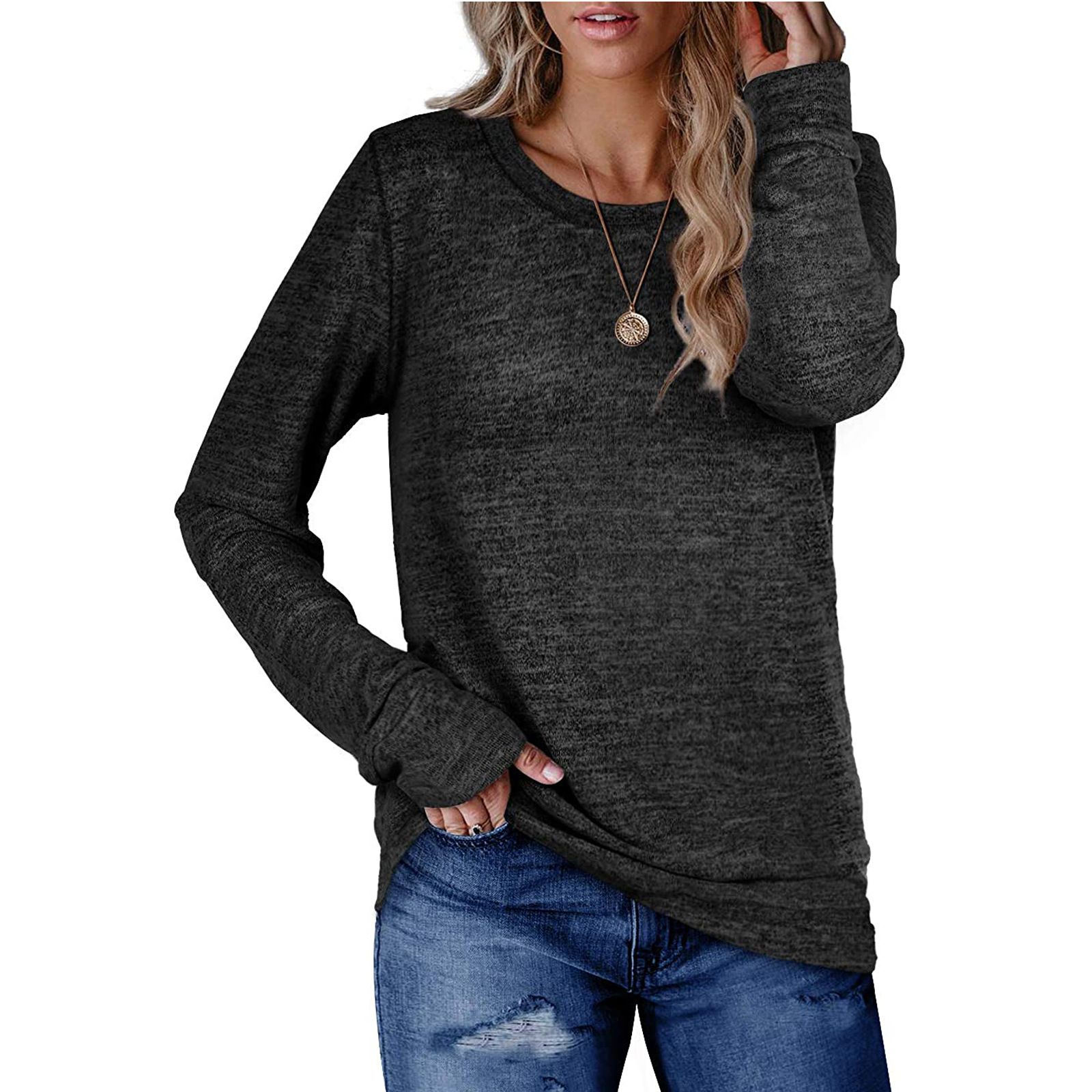 Autumn and winter new Amazon women's round neck pullover solid color cotton hoodie loose casual top T-shirt dark gray S