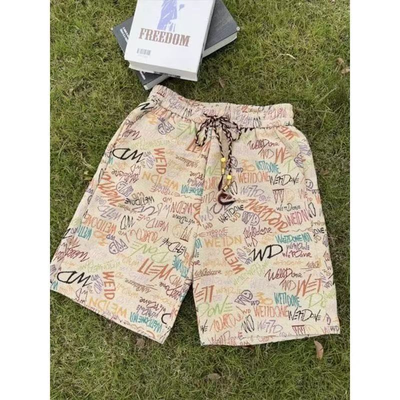 Dopamine letter printed graffiti shorts for men, straight leg American high street shorts for boys, summer cool and stylish outfit black L