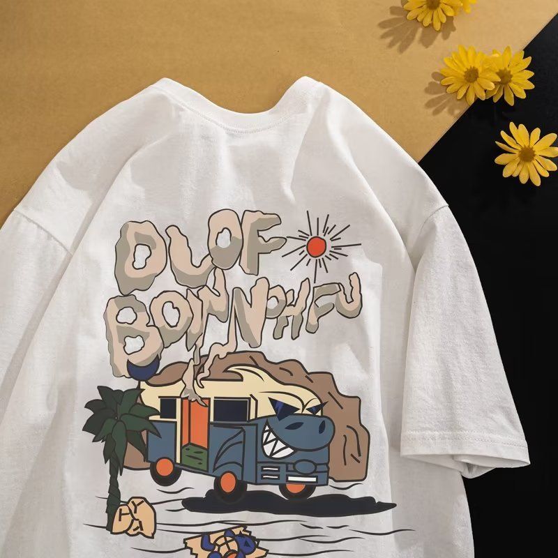 American retro ins trendy cartoon short sleeved t-shirt for boys, summer loose hip-hop high street couple outfit, half sleeved t-shirt white M