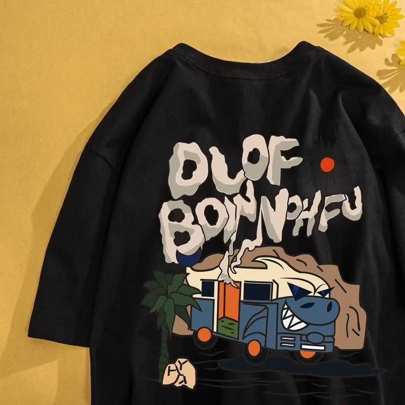 American retro ins trendy cartoon short sleeved t-shirt for boys, summer loose hip-hop high street couple outfit, half sleeved t-shirt white M