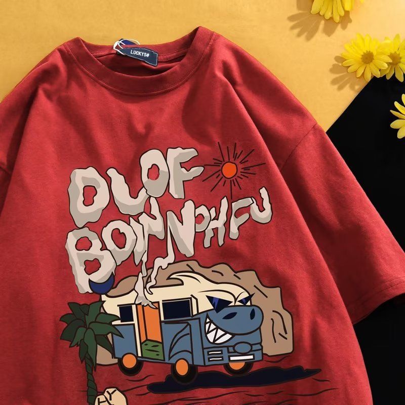 American retro ins trendy cartoon short sleeved t-shirt for boys, summer loose hip-hop high street couple outfit, half sleeved t-shirt white M