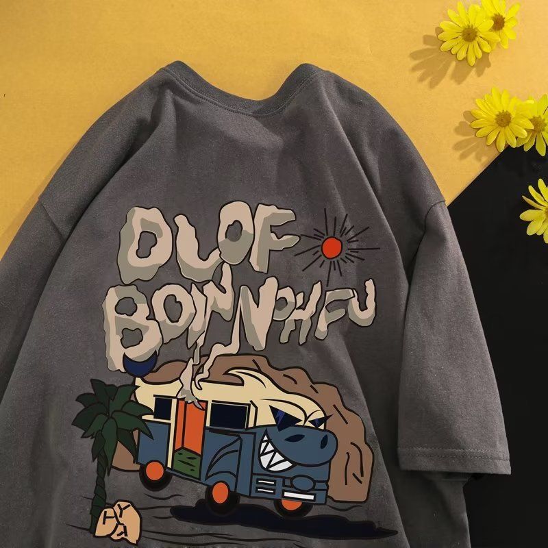 American retro ins trendy cartoon short sleeved t-shirt for boys, summer loose hip-hop high street couple outfit, half sleeved t-shirt white M