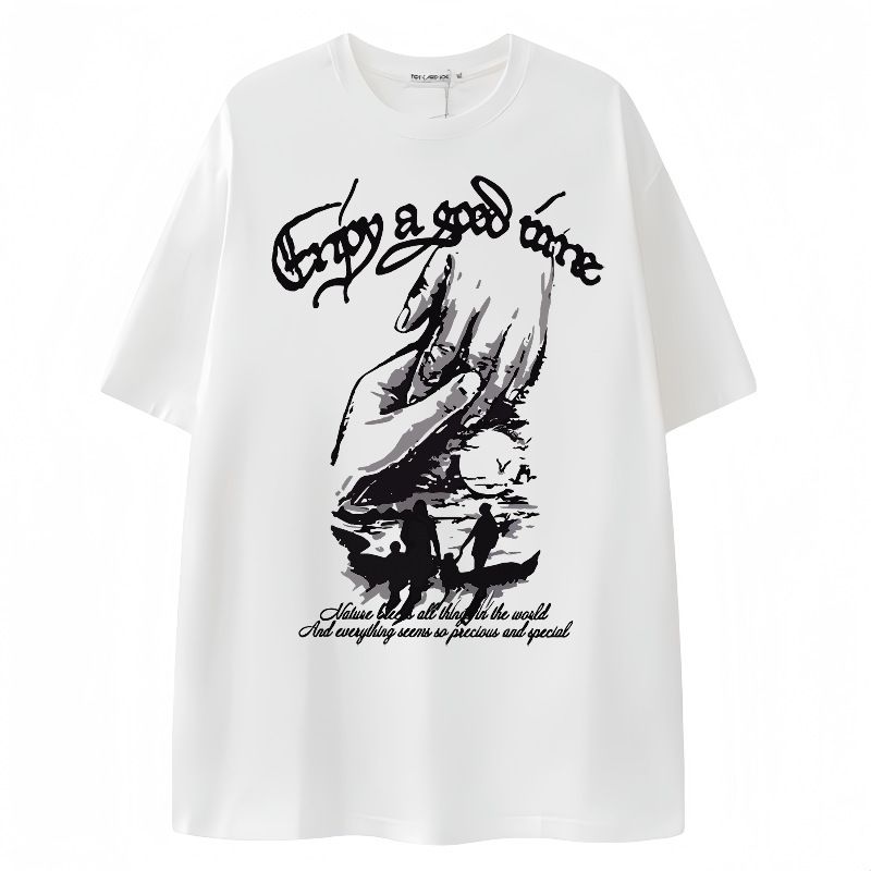 Pi Shuai Graffiti Printed 100% Cotton T-shirt for Men Summer American High Street Hip Hop Trendy Short Sleeve Couple Half Sleeve Style_1 S