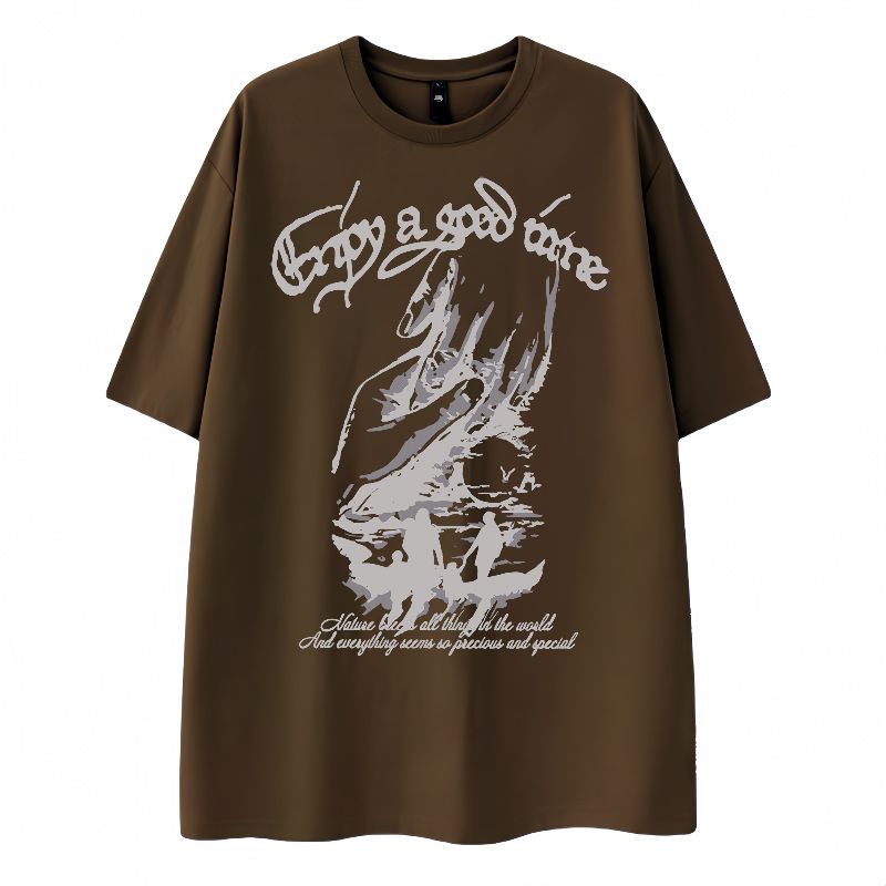 Pi Shuai Graffiti Printed 100% Cotton T-shirt for Men Summer American High Street Hip Hop Trendy Short Sleeve Couple Half Sleeve Style_1 S