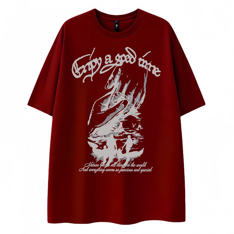 Pi Shuai Graffiti Printed 100% Cotton T-shirt for Men Summer American High Street Hip Hop Trendy Short Sleeve Couple Half Sleeve Style_1 S