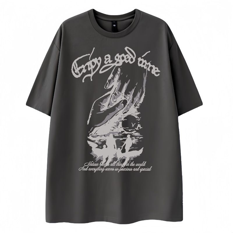 Pi Shuai Graffiti Printed 100% Cotton T-shirt for Men Summer American High Street Hip Hop Trendy Short Sleeve Couple Half Sleeve Style_1 S