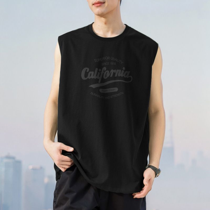 Cotton vest men's summer outerwear trend loose round neck sleeveless camisole American cotton wide shoulder sweatshirt with cut sleeves M18-T668 Black M