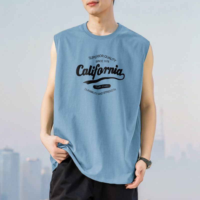 Cotton vest men's summer outerwear trend loose round neck sleeveless camisole American cotton wide shoulder sweatshirt with cut sleeves M18-T668 Black M