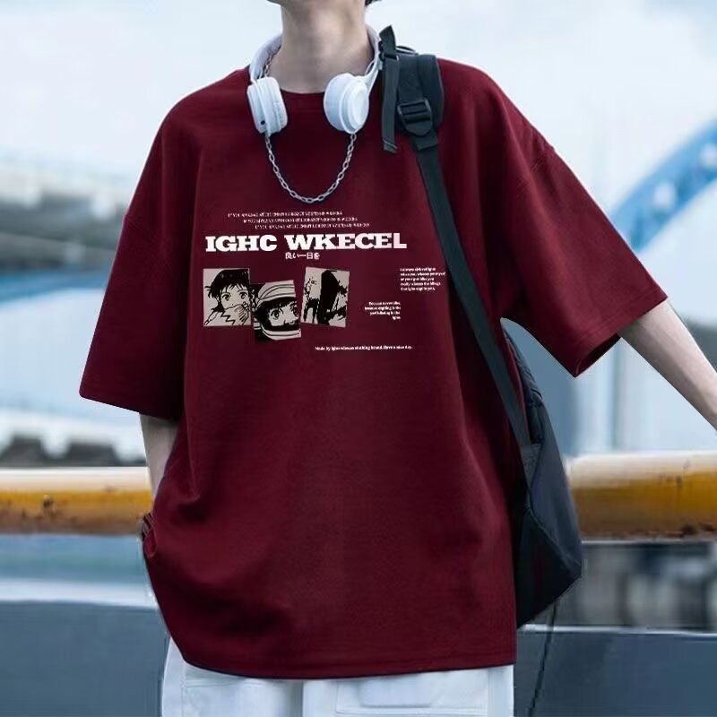 Heavy duty pure cotton retro red short sleeved T-shirt for men in summer, new American fashion brand versatile printed loose clothes for men white S