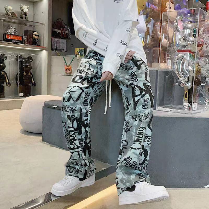 Design Sensational Street Pants Men's Trendy Brand Ins Korean Edition Trendy Loose Straight Tube Rascal Handsome Printed High Street Casual Pants A108 Green L