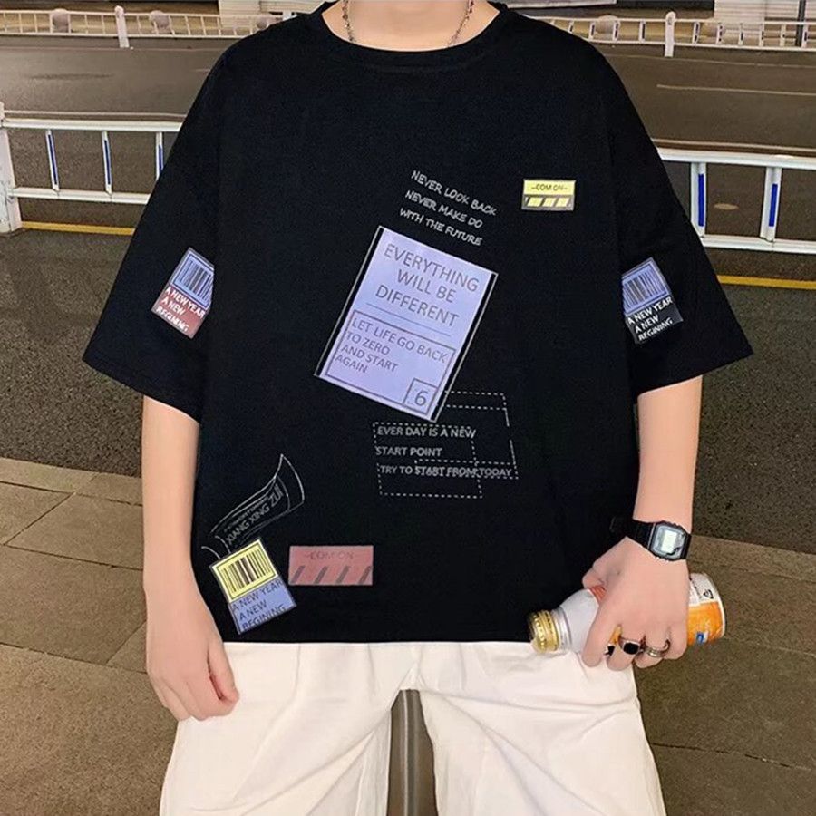 Summer short sleeved t-shirt for boys aged 12-15, junior high school students 13, loose top 14, teenage summer clothes men's half sleeved shirt T336 Black M