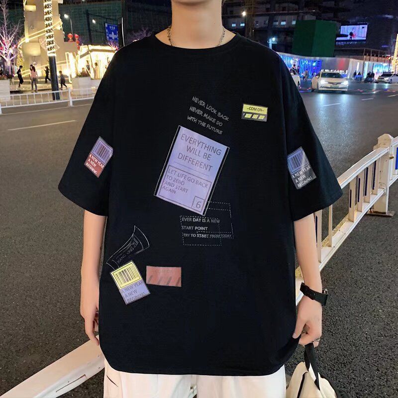 Summer short sleeved t-shirt for boys aged 12-15, junior high school students 13, loose top 14, teenage summer clothes men's half sleeved shirt T336 Black M