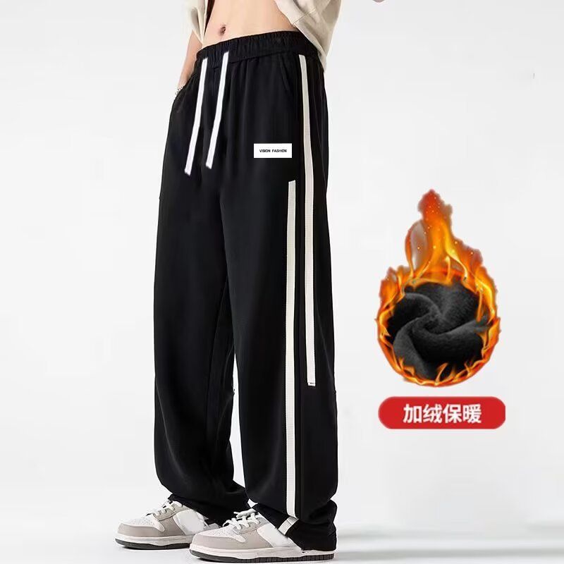 American fashion brand thick fleece sweatpants men's winter striped design high street pants loose straight leg wide leg casual pants H11 velvet black L