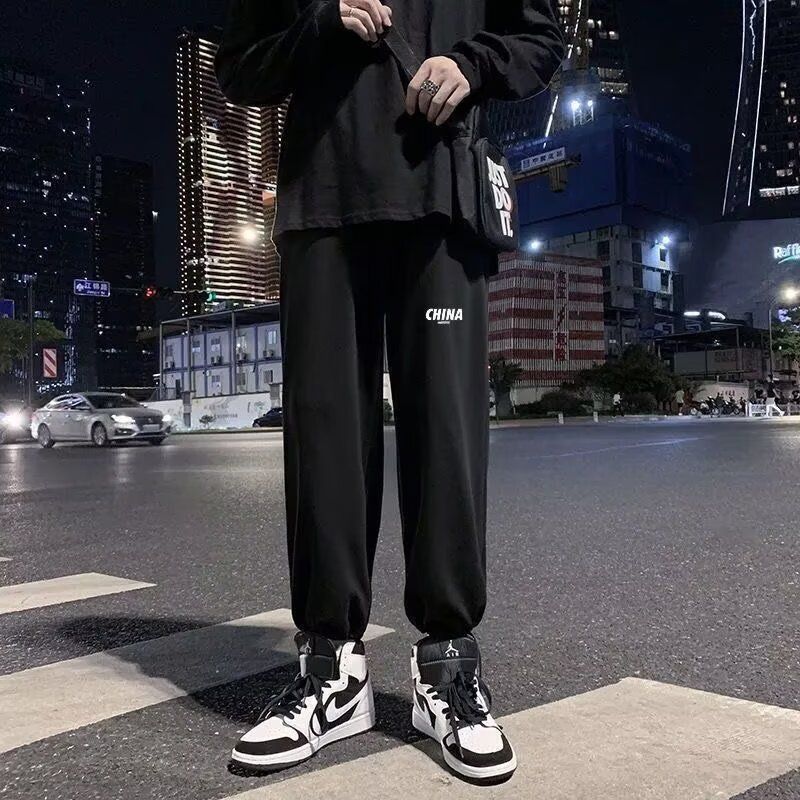 Men's pants Spring and Autumn trendy brand Hong Kong style loose straight leg casual pants drawstring oversized sweatpants Autumn and winter sports pants for men K06 Black L