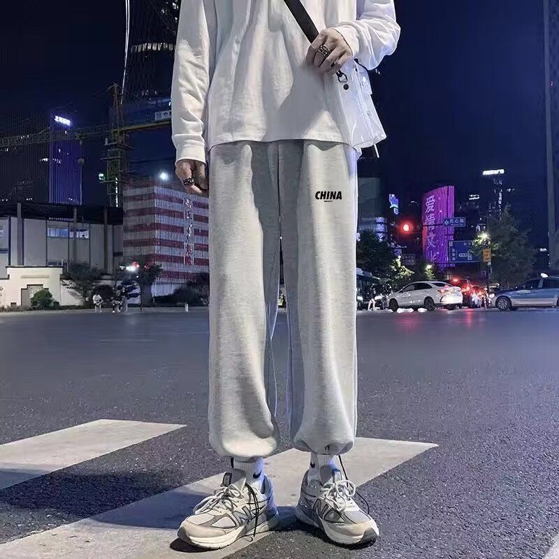 Men's pants Spring and Autumn trendy brand Hong Kong style loose straight leg casual pants drawstring oversized sweatpants Autumn and winter sports pants for men K06 Black L