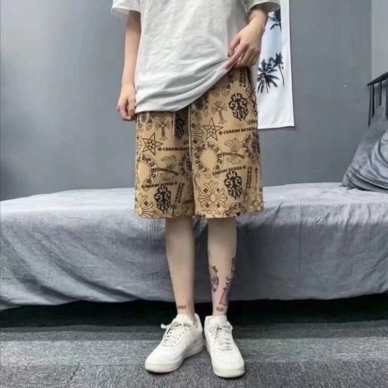 2022 Hong Kong style summer trendy brand ins beach flower shorts men's loose quick drying five quarter pants trend shorts men 373 gray L