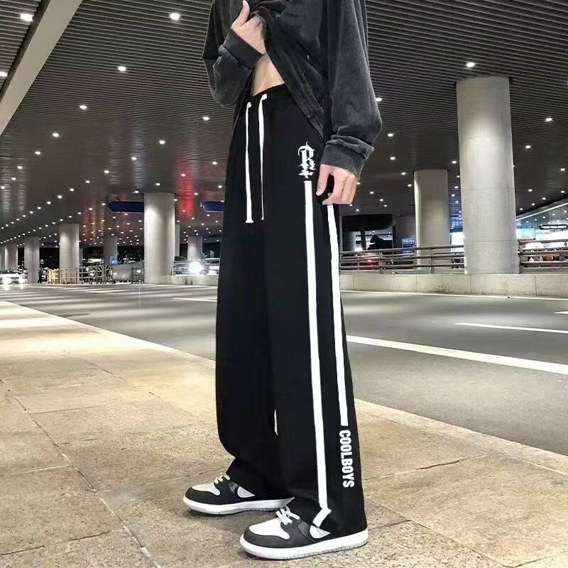 American wide leg casual pants men's spring and autumn plus size new trendy straight leg pants thin loose sports sweatpants H07 Black L